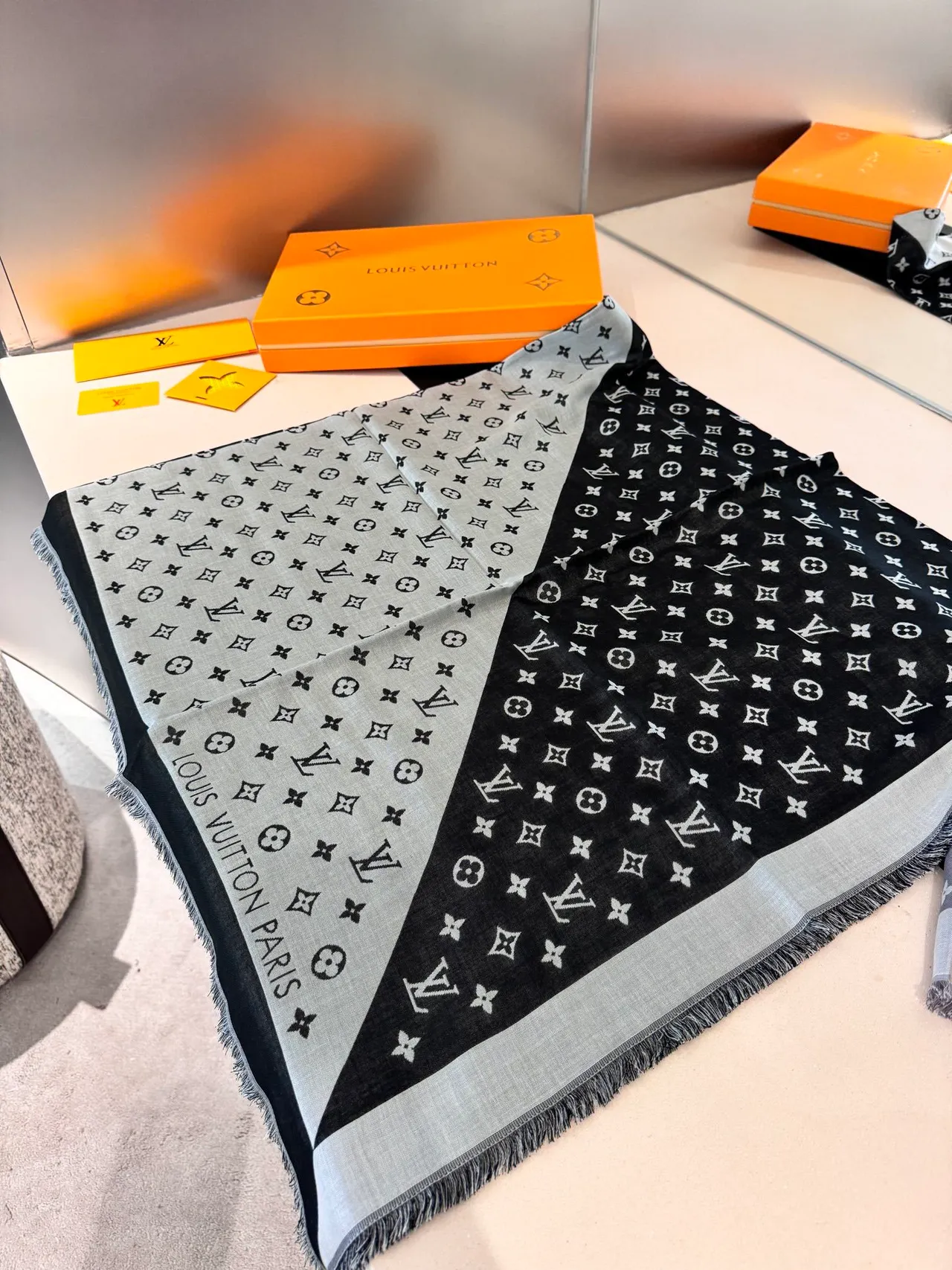 Louis Vuitton Monogram Print Scarf Black Gray Two-Tone Silk Scarf 7