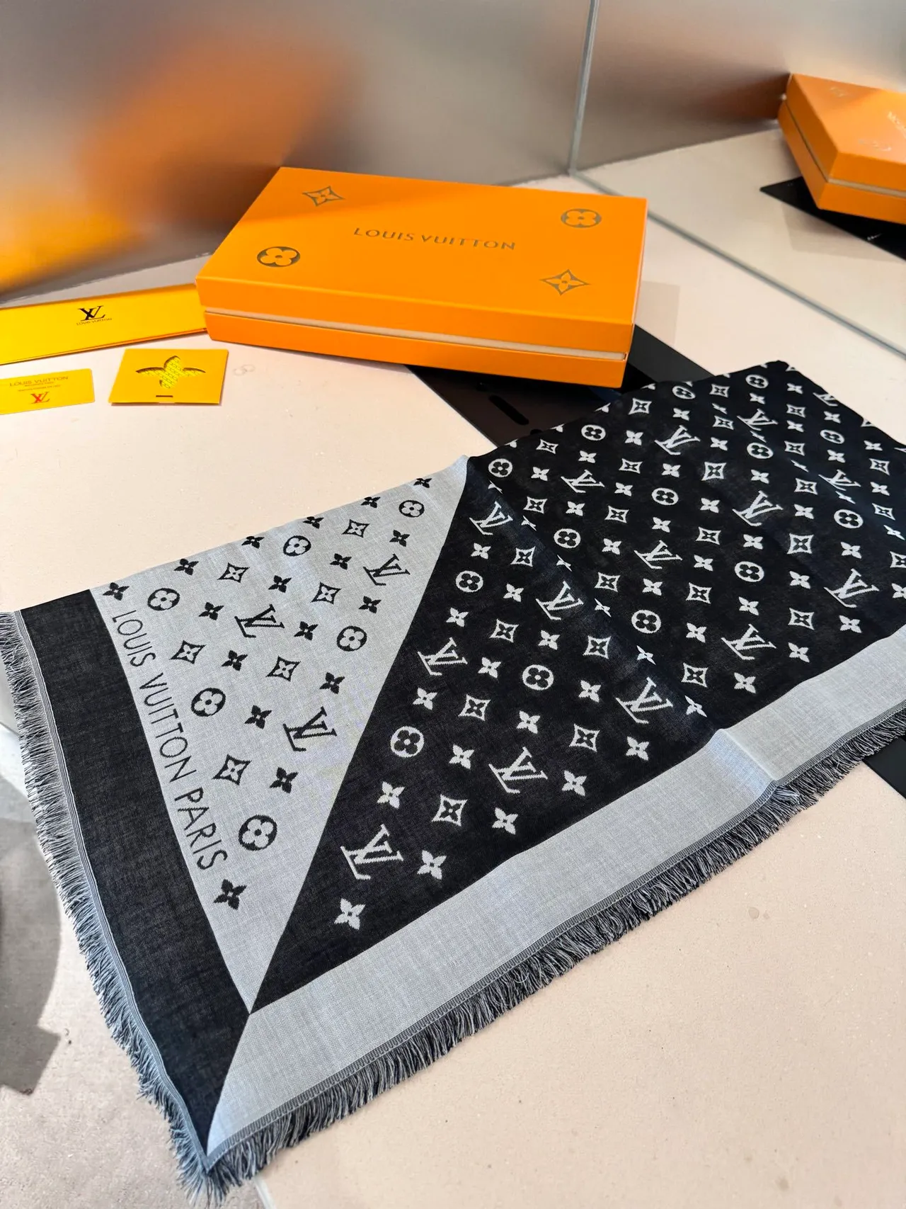 Louis Vuitton Monogram Print Scarf Black Gray Two-Tone Silk Scarf 8