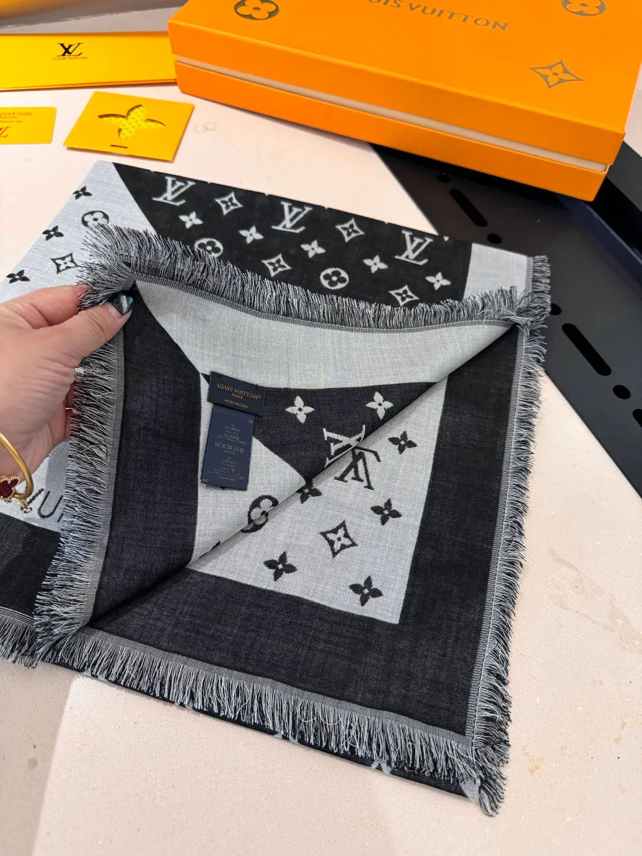 Louis Vuitton Monogram Print Scarf Black Gray Two-Tone Silk Scarf 9
