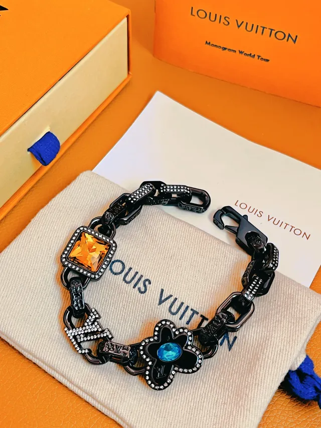 Bracelete Louis Vuitton Monogram World Tour Preto Laranja Corrente Oxidada Pavé Cristais Acentos 7