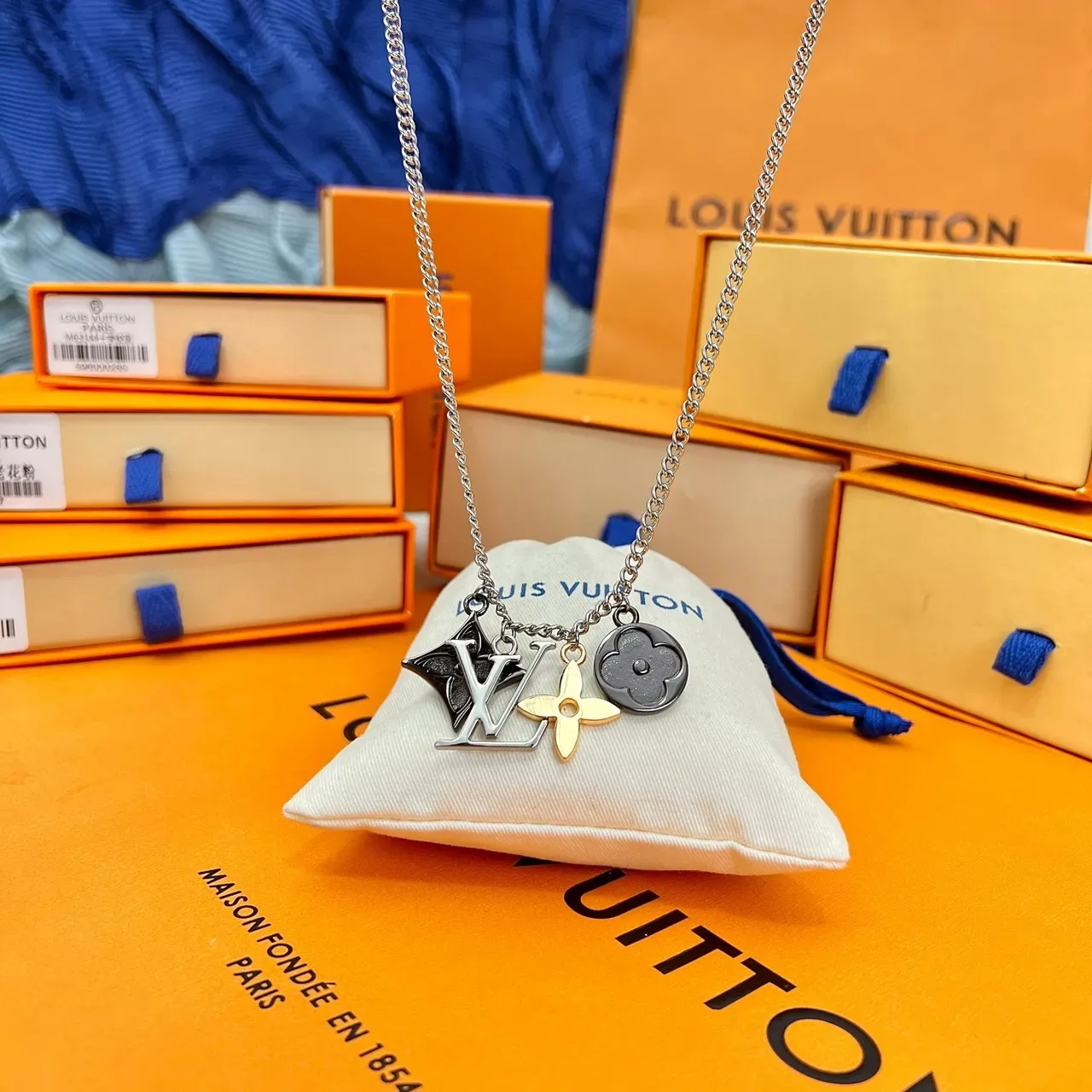 Louis Vuitton Multi Charm Silver Gold Chain Necklace 2