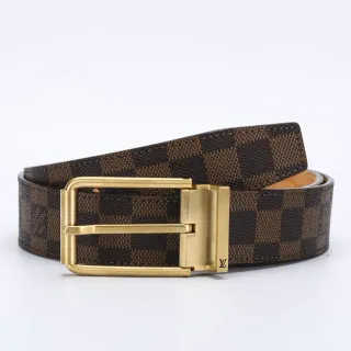 Louis Vuitton cinto reversível marrom dourado Damier Ebène Checkered Canvas fivela cinto de couro