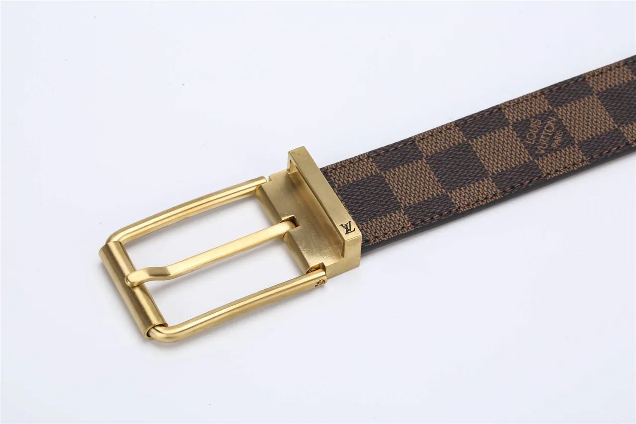 Louis Vuitton correa reversible marrón dorado Damier Ebène Checkered Canvas hebilla correa de cuero 8