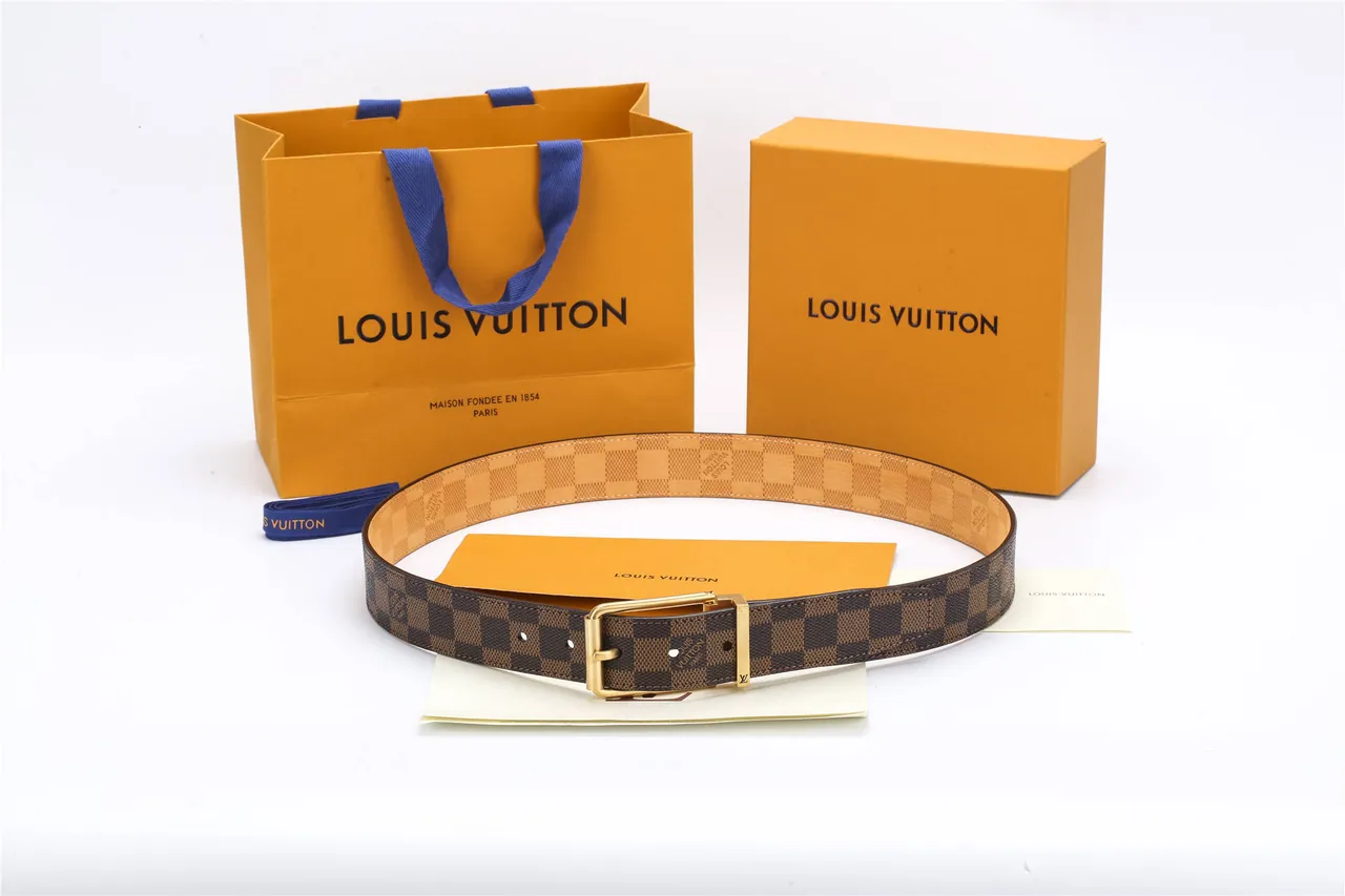 Louis Vuitton correa reversible marrón dorado Damier Ebène Checkered Canvas hebilla correa de cuero 9