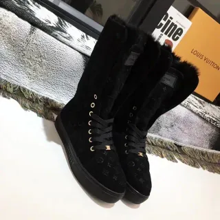 Louis Vuitton Run Away Black Gold Monogrammed Velvet Shearling Cuff Knee Boots