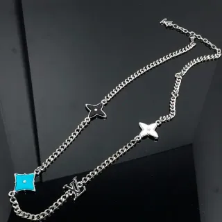 Colar Louis Vuitton Corrente Curb Prateada Azul Esmaltada Monograma Estrelas