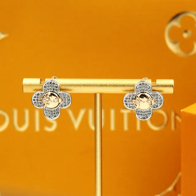 Louis Vuitton चाँदी सोना चार-पंखुड़ियों का क्लोवर सिल्हूट Pavé Crystal Setting कान के गहने 3