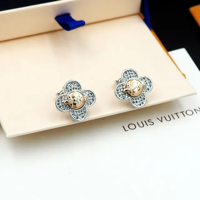 Louis Vuitton चाँदी सोना चार-पंखुड़ियों का क्लोवर सिल्हूट Pavé Crystal Setting कान के गहने 4