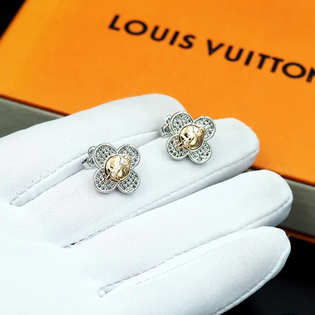 Louis Vuitton चाँदी सोना चार-पंखुड़ियों का क्लोवर सिल्हूट Pavé Crystal Setting कान के गहने 6