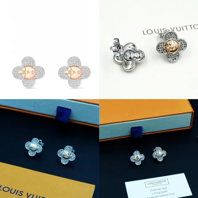 Louis Vuitton चाँदी सोना चार-पंखुड़ियों का क्लोवर सिल्हूट Pavé Crystal Setting कान के गहने 9