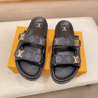 Louis Vuitton Slide काली सोने की Monogram Canvas Straps LV Hardware चप्पल