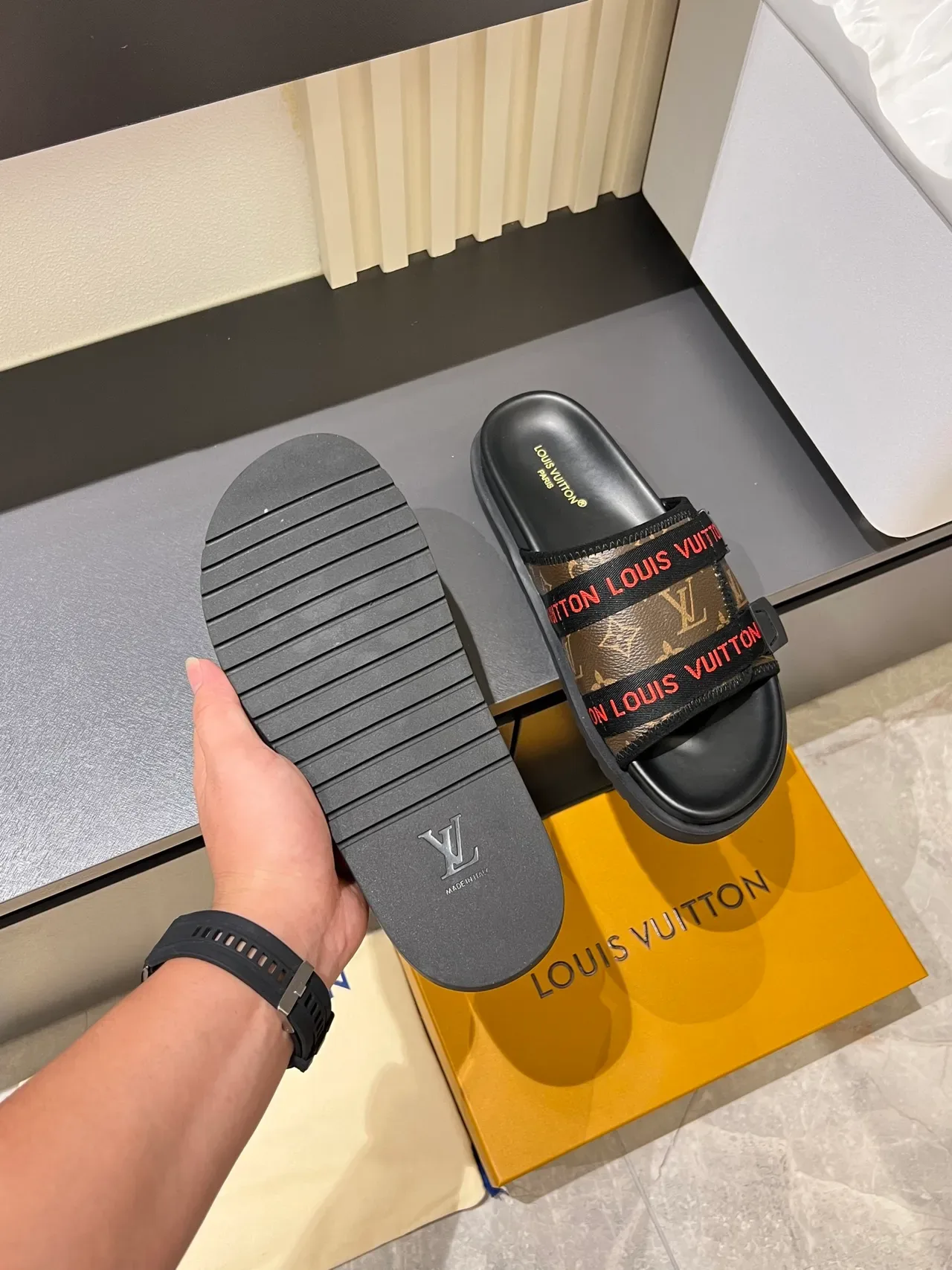 Louis Vuitton Slide Black Multicolor Dual-Strap Monogram-Printed Straps Slippers 3