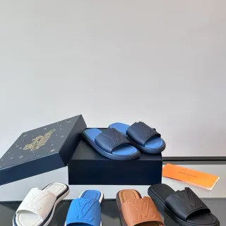 لويس فيتون Slide أزرق أبيض قاعدة مطاط مصبو منقوش مونوغرام حزام نعال