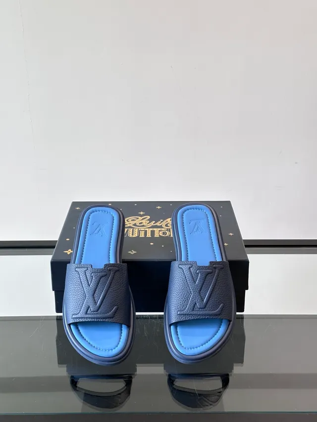 路易威登 Slide 蓝色白色模制橡胶鞋底压印花纹带拖鞋 8