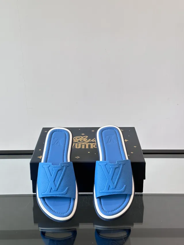 路易威登 Slide 蓝色白色模制橡胶鞋底压印花纹带拖鞋 12
