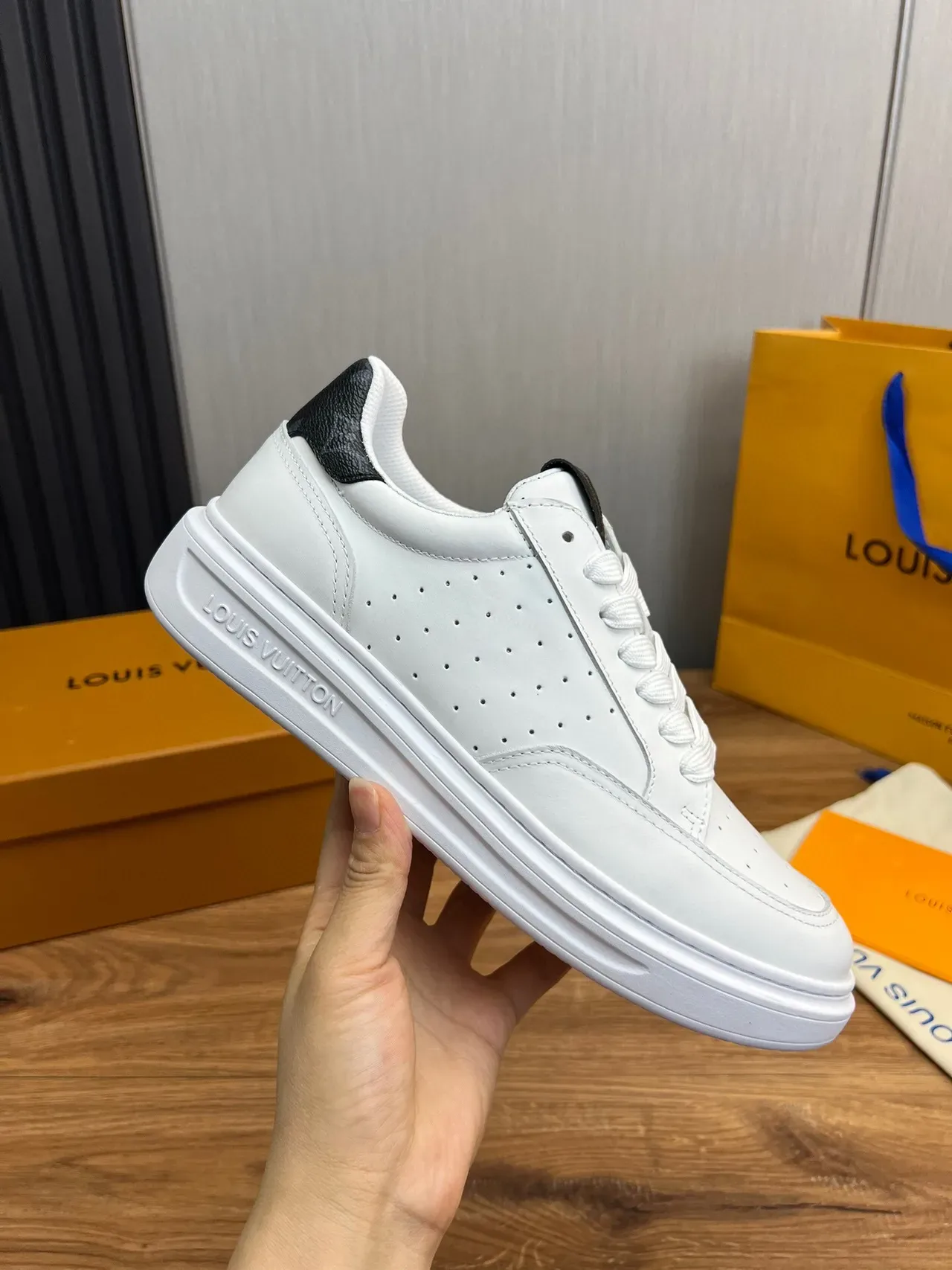 Louis Vuitton White Black Perforated Leather Upper Thick Platform Sole Lifestyle Sneakers 7