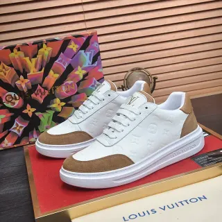 Louis Vuitton Branco Marrom Embossado Monograma Couro Camurça Painéis Contraste Lifestyle Tênis