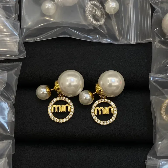 Miu Miu Logo Hoop Double Pearl Crystal Earrings 2