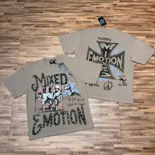 Mixed Emotion Beige Black Graphic Print Studded Lettering T-Shirt