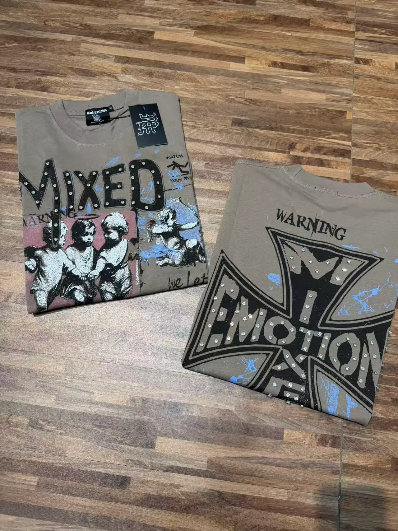 Mixed Emotion Beige Black Graphic Print Studded Lettering T-Shirt 2