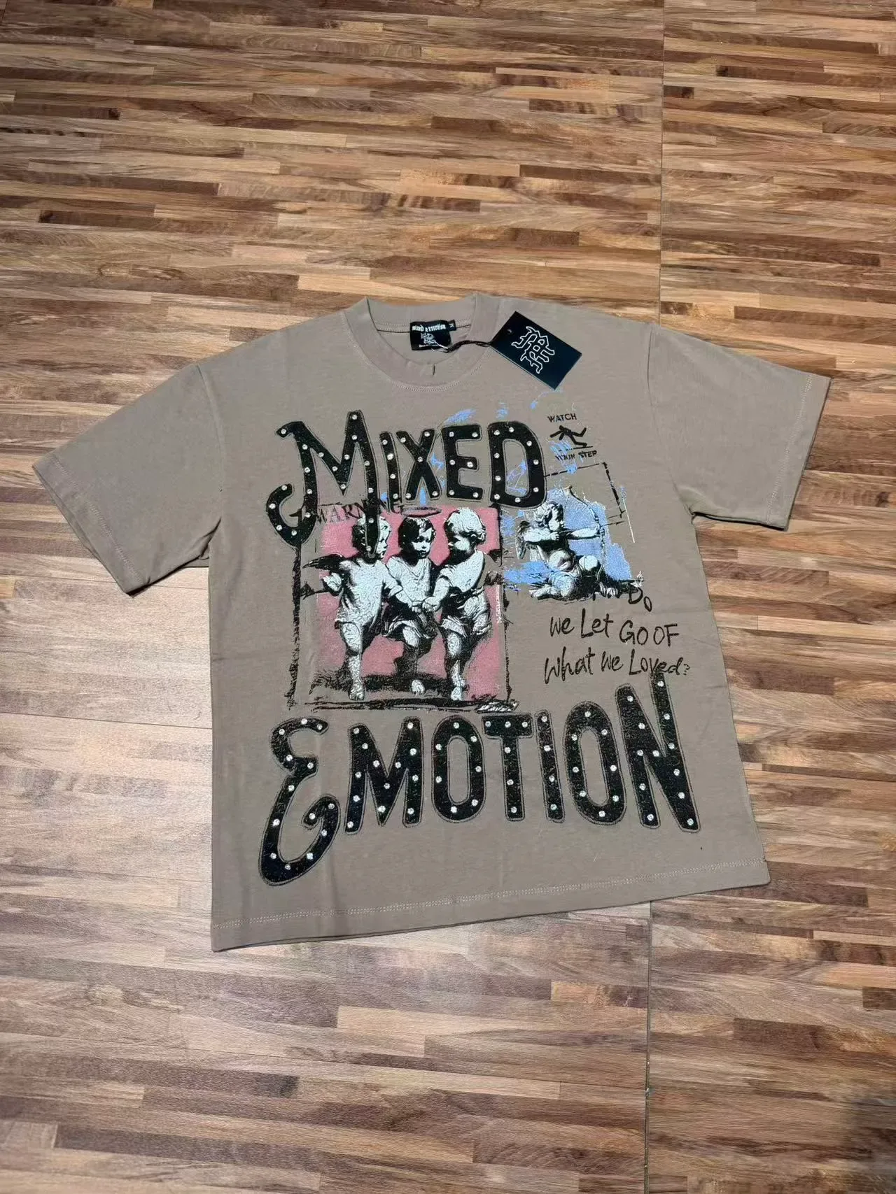 Mixed Emotion Beige Black Graphic Print Studded Lettering T-Shirt 3