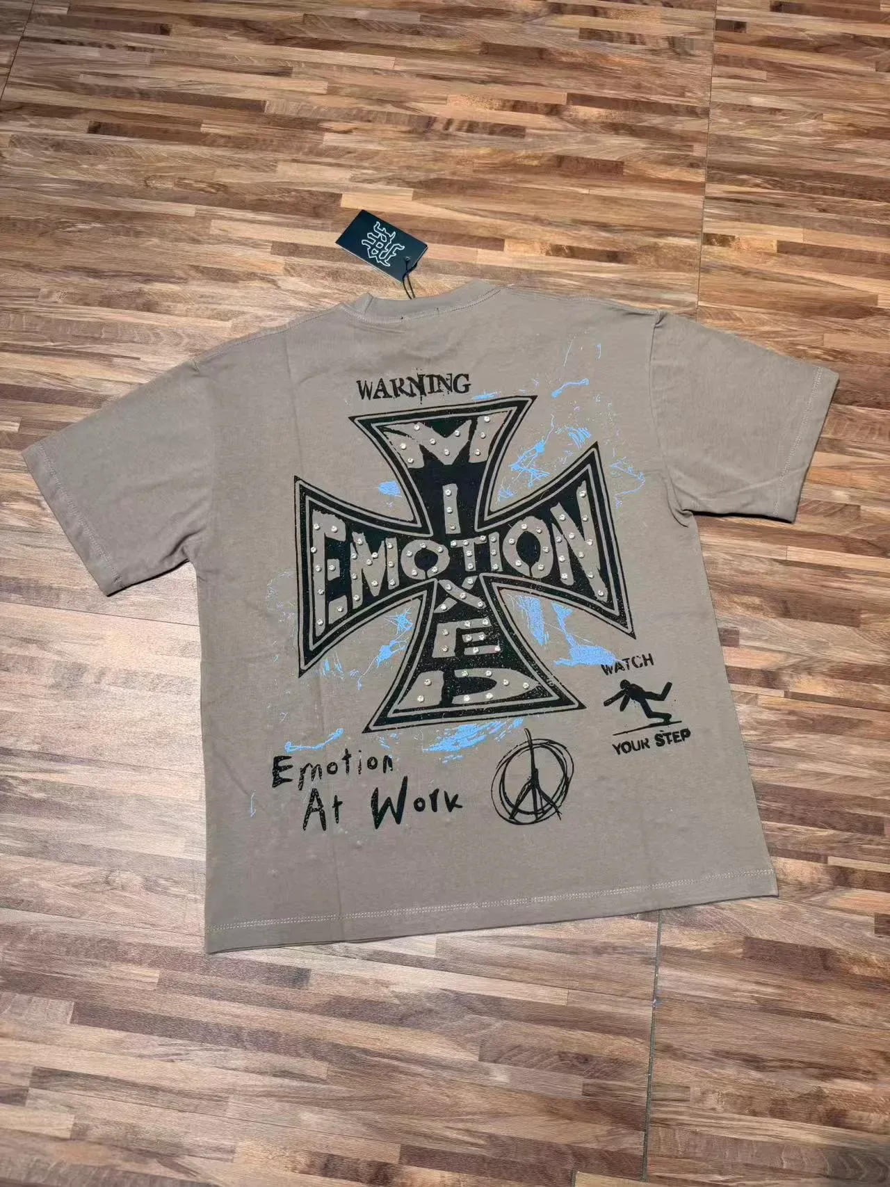 Mixed Emotion Beige Black Graphic Print Studded Lettering T-Shirt 4