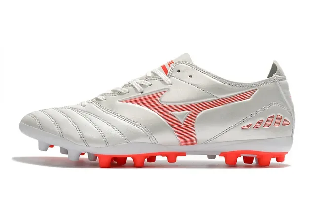 Mizuno Chaussures de Football Blanc Rouge Tige Basse Cuir Doublure Matelassée pour Terrain Firme 7
