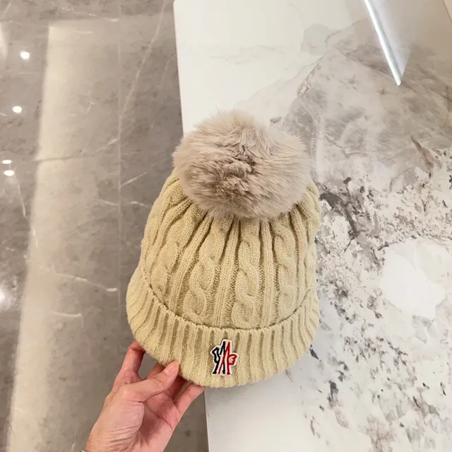 Moncler Beige Brown Cable Knit Ribbed Cuff Beanie 2