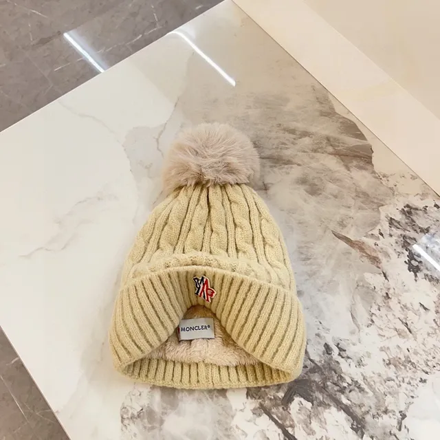 Moncler Beige Brown Cable Knit Ribbed Cuff Beanie 3