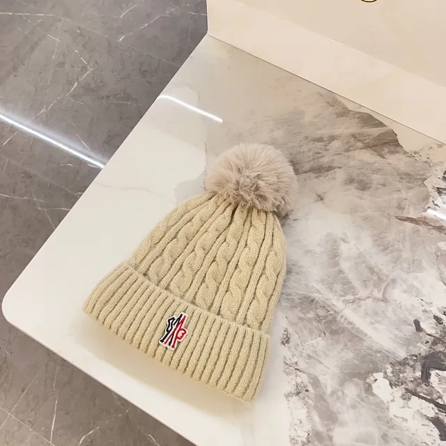 Moncler Beige Brown Cable Knit Ribbed Cuff Beanie 5
