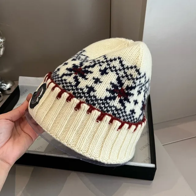 Moncler Beige Navy Fair Isle Knit Pattern Ribbed Fold-Over Cuff Beanie 9