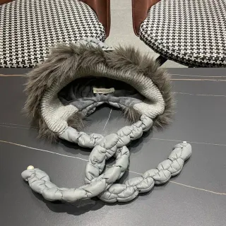Moncler Gray Quilted Braided Strap Faux Fur Trim Beanie
