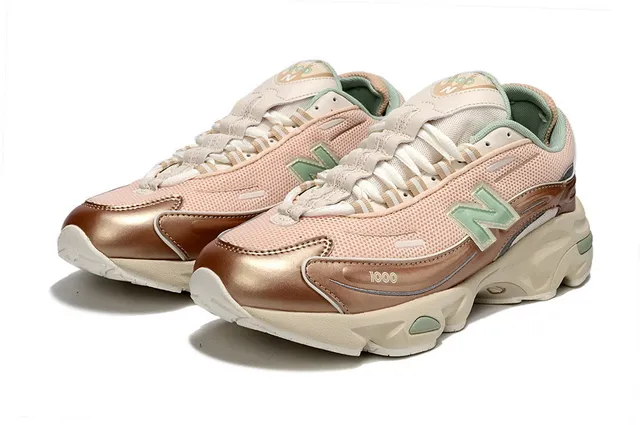 New Balance Pink Beige Platform Sole Mesh And Metallic Synthetic Overlay Chunky Sneakers 2