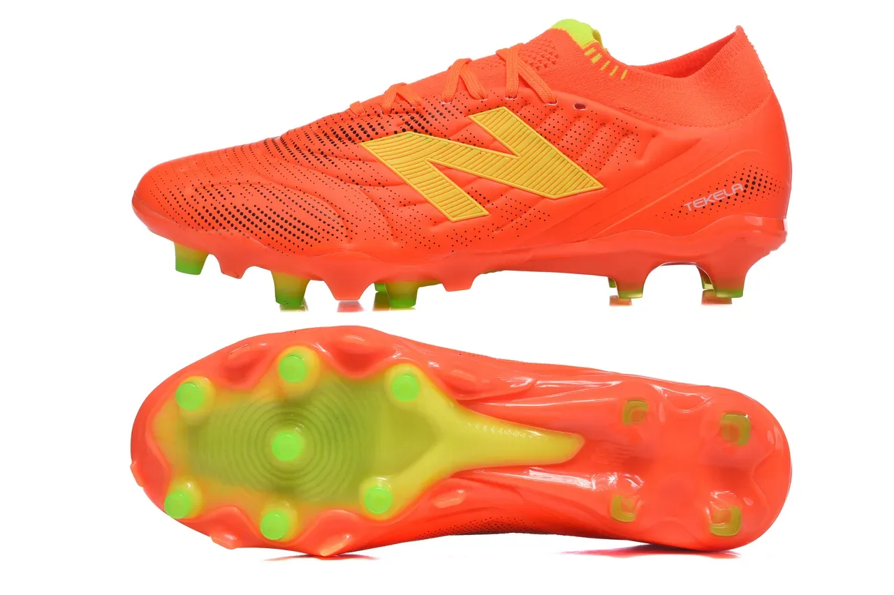 New Balance Tekela برتقالي أخضر، نعل mold studs، upper texturizado sintético، للأرض الصلبة، أحذية كرة القدم 9