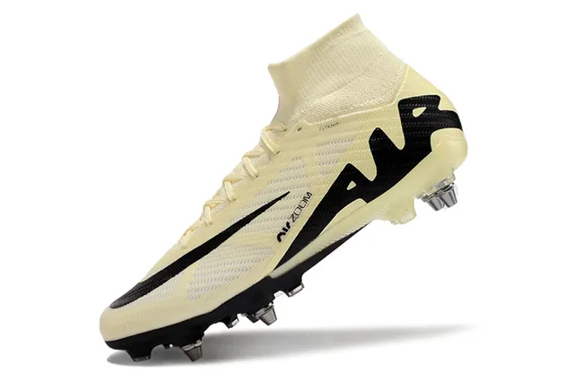 Nike bege preto high-cut Flyknit colar sistema de cordões assimétrico superfície firme sapatos de futebol 3