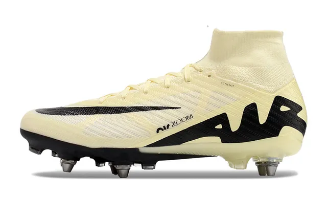 Nike bege preto high-cut Flyknit colar sistema de cordões assimétrico superfície firme sapatos de futebol 8