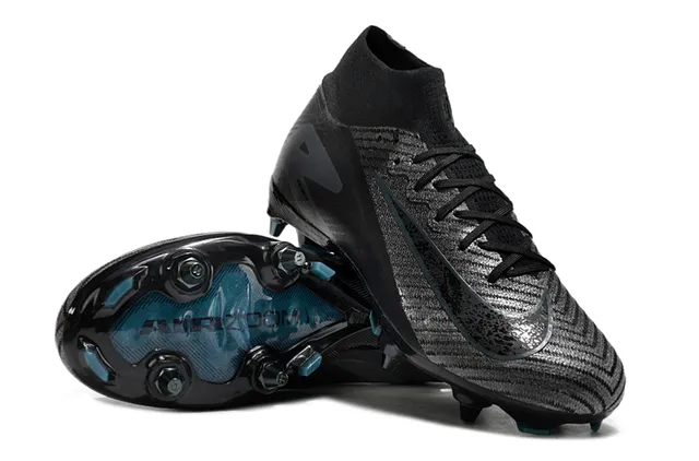 Nike Preto Azul Alto-Corte Colar Ajustável à Meia Texturizado Flyknit Superior Solo Firme Sapatos de Futebol 3