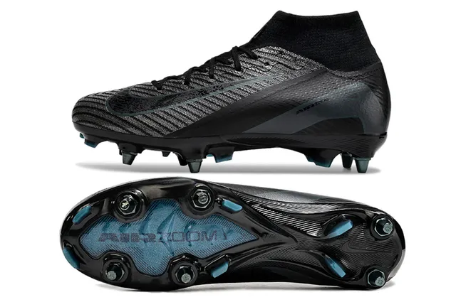 Nike Preto Azul Alto-Corte Colar Ajustável à Meia Texturizado Flyknit Superior Solo Firme Sapatos de Futebol 5