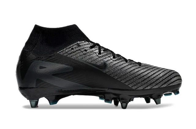 Nike Preto Azul Alto-Corte Colar Ajustável à Meia Texturizado Flyknit Superior Solo Firme Sapatos de Futebol 7