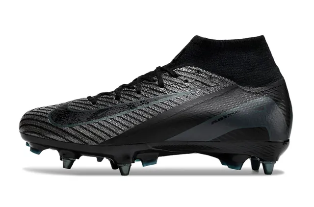 Nike Preto Azul Alto-Corte Colar Ajustável à Meia Texturizado Flyknit Superior Solo Firme Sapatos de Futebol 8