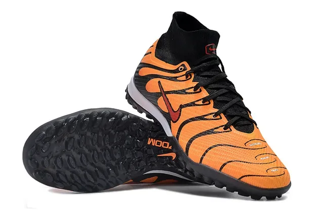 Nike Tênis de Futebol Turf Preto Laranja Alto Colar Tipo Meia Padrão de Chama Overlays Sintéticos 2