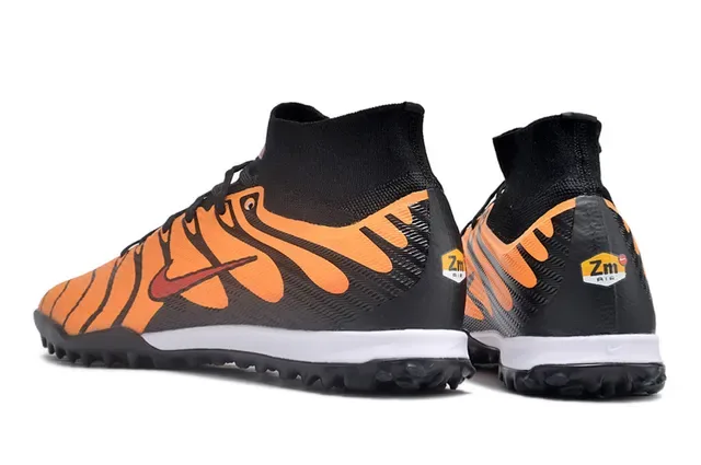 Nike Tênis de Futebol Turf Preto Laranja Alto Colar Tipo Meia Padrão de Chama Overlays Sintéticos 4