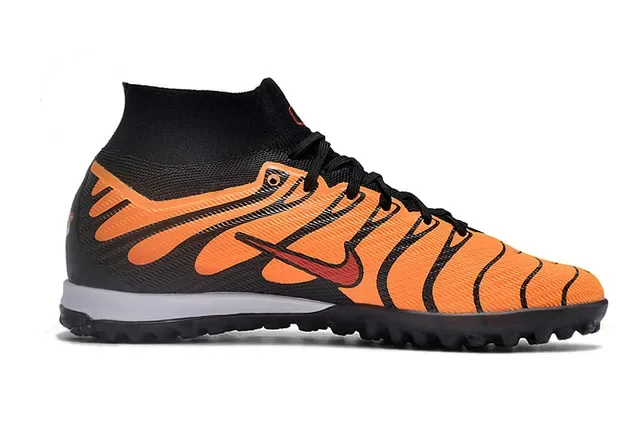 Nike Tênis de Futebol Turf Preto Laranja Alto Colar Tipo Meia Padrão de Chama Overlays Sintéticos 5