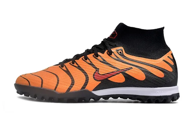 Nike Tênis de Futebol Turf Preto Laranja Alto Colar Tipo Meia Padrão de Chama Overlays Sintéticos 6