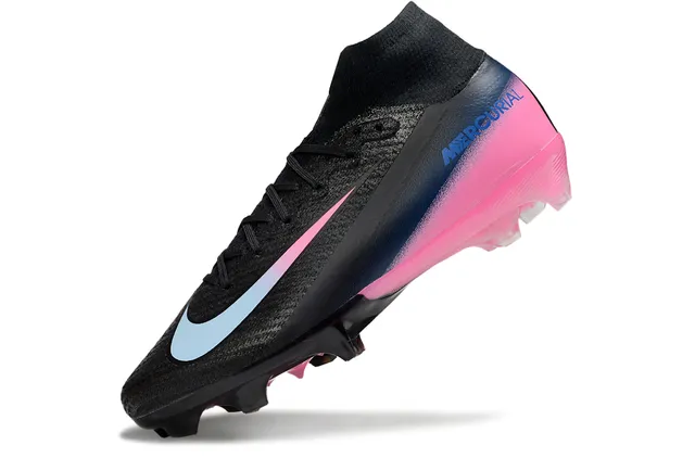 Nike Preto Rosa Alto Corte Colar de Ajuste de Meia Parte Superior com Gradiente Solo Firme Sapatos de Futebol 3