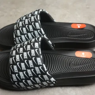 Nike Black White All-Over Logo Strap Molded Contoured Footbed Slippers
