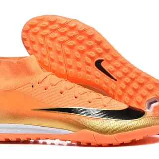 Nike Laranja Dourado High-Cut Knit Upper Overlay Salto Metálico Sapatos de Futebol Turf