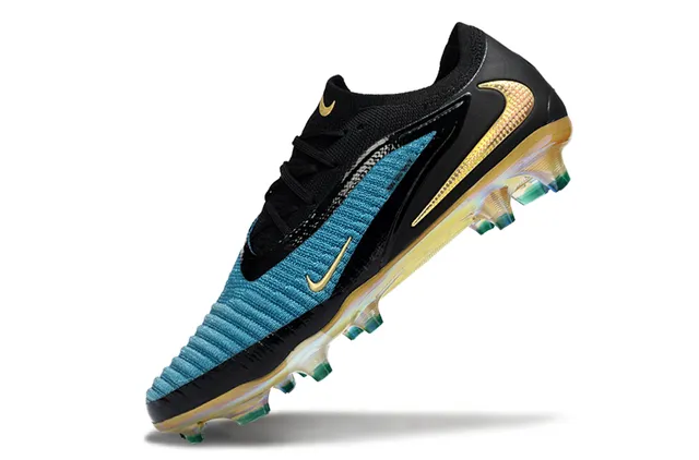 Nike Phantom GT Parte superior em malha preta azul iridescente Sola iridescente Campo firme Sapatos de futebol 3