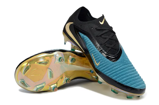 Nike Phantom GT Parte superior em malha preta azul iridescente Sola iridescente Campo firme Sapatos de futebol 4
