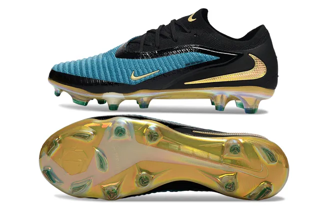 Nike Phantom GT Parte superior em malha preta azul iridescente Sola iridescente Campo firme Sapatos de futebol 6